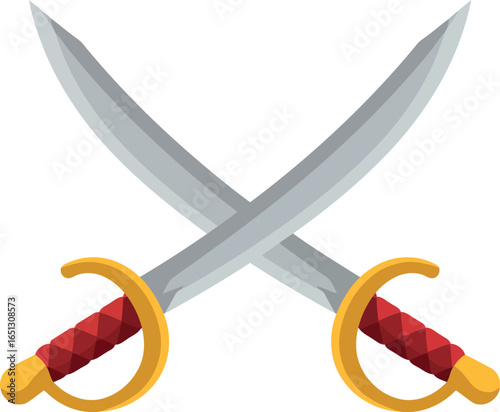 Two crossed sabers with ornate gold and red hilts isolated on a white background symbolizing combat and adventure