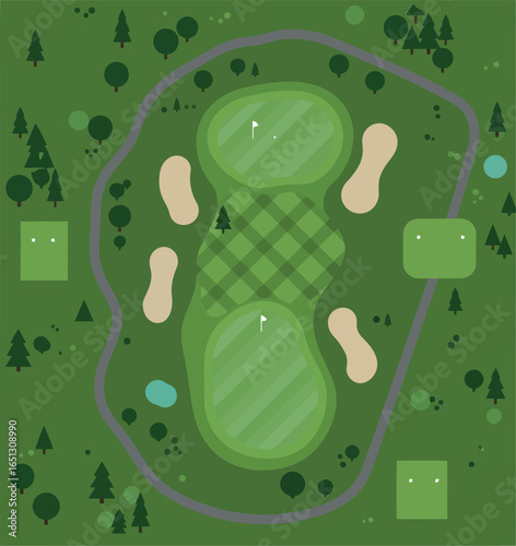 Aerial view of a meticulously designed golf course hole featuring lush green fairways sand traps and a winding cart path
