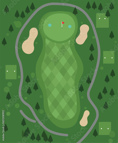 Top down aerial view of a golf course hole with fairway sand traps green and flagstick surrounded by trees and cart path