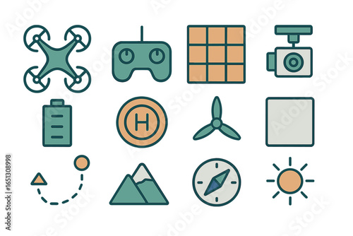 Vector illustration of drone equipment and accessories for enthusiasts