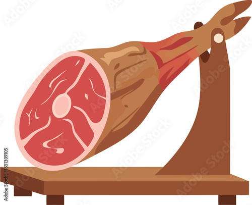 A whole cured ham leg expertly sliced and displayed on a rustic wooden stand ready for carving and serving