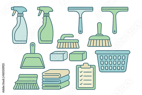 Cleaning supplies and tools arranged for household chores