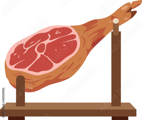 Whole cured ham leg presented on a wooden stand showcasing its rich red meat and marbling for culinary use