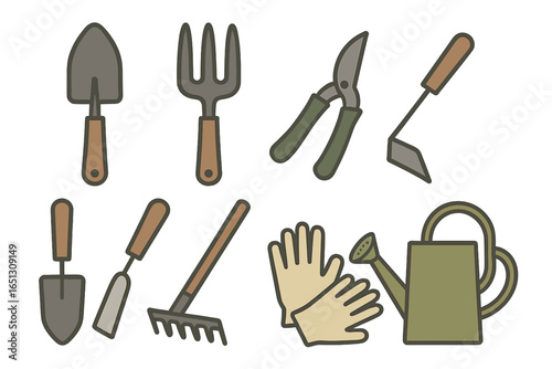 Gardening tools collection including gloves and watering can