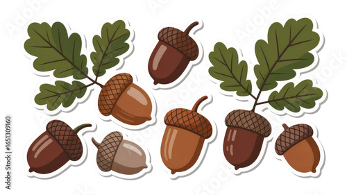 Collection of Cute Cartoon Acorn Stickers with Oak Leaves - Autumnal Design Elements