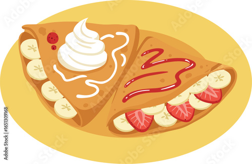Delicious sweet crepes filled with fresh bananas strawberries and whipped cream served on a yellow plate