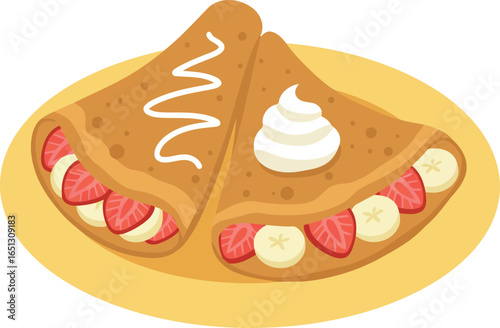 Delicious sweet crepes filled with fresh strawberries and sliced bananas topped with whipped cream and drizzled with white sauce on a yellow plate