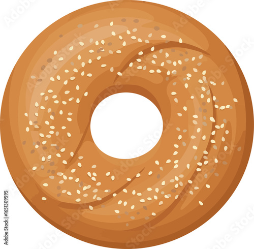 A freshly baked sesame seed bagel viewed from directly above showcasing its golden brown crust and circular hole isolated on a white background