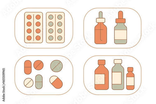 Illustration of assorted medicines and supplements in isolated design