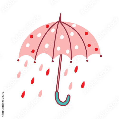Pink polka dot umbrella with falling raindrops dots