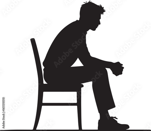 Black silhouette of a young man sitting on a chair with hands clasped male