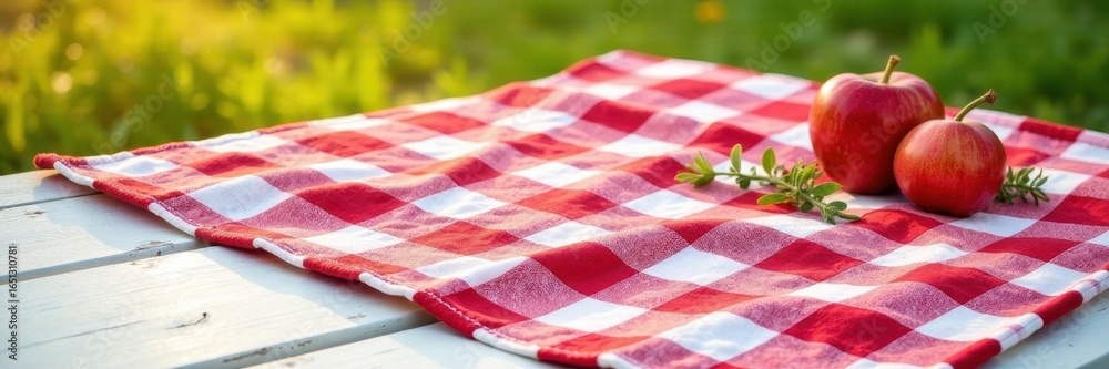 Fototapeta premium Vibrant red and white checkered picnic blanket on weathered white table, design, setting, checkered