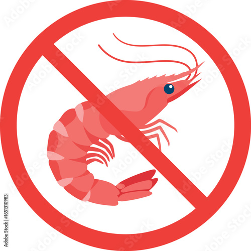 Illustration of a red shrimp inside a red prohibition circle with a diagonal line indicating no shrimp or seafood allergy warning
