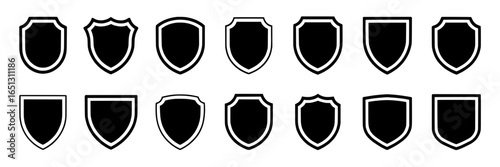 Collection of 12 Black and White Shield Icons: Variations in Shape and Outline
