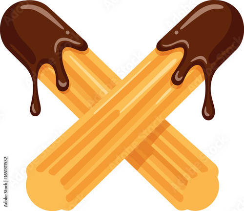 Two golden brown churros drizzled with rich dark chocolate sauce in a cross shape against a white background