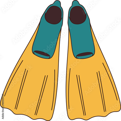 Bright yellow swimming fins with teal ankle straps isolated on a white background for water sports and beach activities