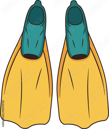Pair of bright yellow swimming fins with teal foot pockets isolated on a white background for water sports and diving
