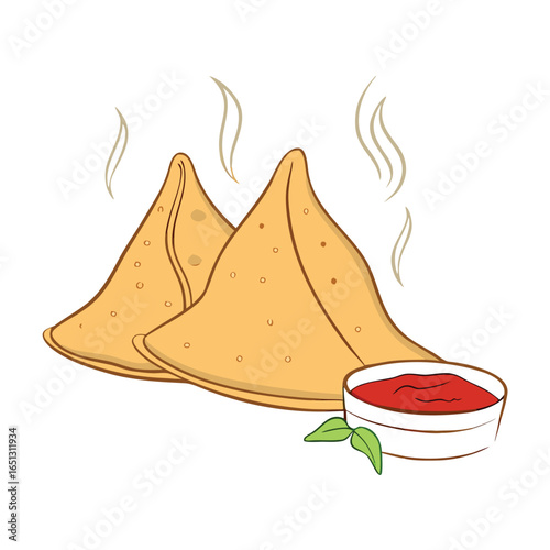 Golden fried pastries with red dipping sauce and green leaves pastry