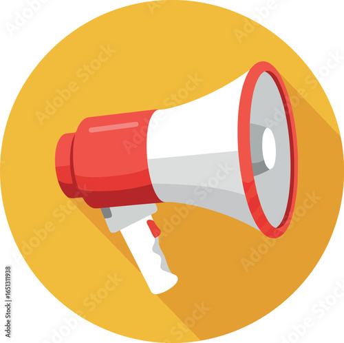 Red and white megaphone icon with long shadow on a bright yellow circular background representing announcement or promotion