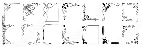 Twelve Ornate Corner and Frame Design Elements: A Collection of Black and White Decorative Ornaments