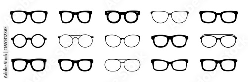 15 Eyewear Icons: Diverse Styles in Solid Black and Outline, Horizontal Arrangement