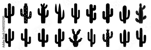 Set of 18 Black Cactus Silhouettes: Diverse Designs in Two Horizontal Rows