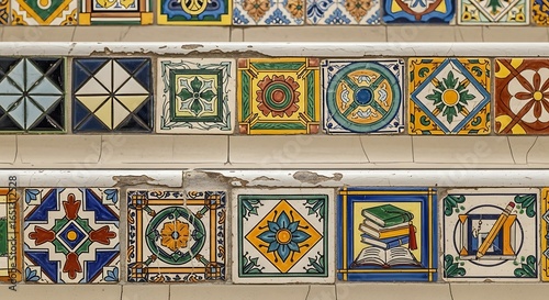 Two rows of vibrant, intricately patterned ceramic tiles showcasing traditional designs and colors.