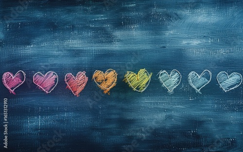 Colorful chalk hearts on a dark chalkboard