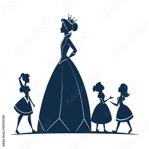 Queen with Ladies in Waiting Silhouette Vector Illustration Elegant Royal Figure with Attendants in Formal Dresses