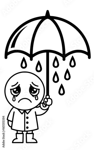 umbrella raining on sad cartoon character line drawing vector illustration , depressed, melancholy, 