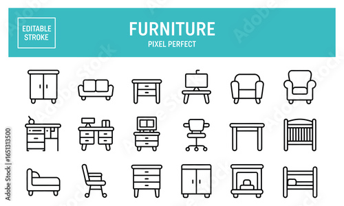 Set of 20 minimalist line art furniture icons including sofa, bed, chair, table, cabinet, wardrobe, desk, and bookshelf symbols