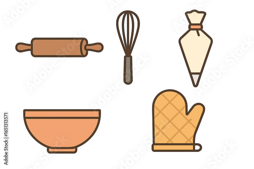 Baking tools including rolling pin, whisk, bowl, and oven mitt