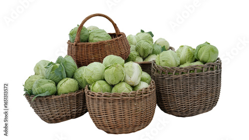 Freshly Harvested Green Cabbages in Rustic Wicker Baskets