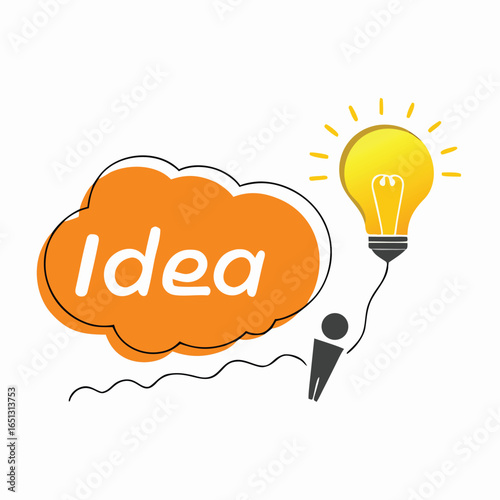 Orange speech bubble with idea text and glowing light bulb lightbulb