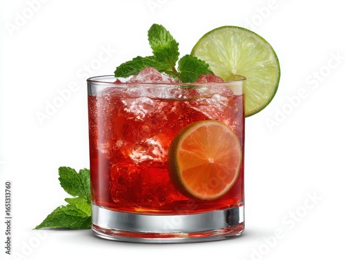 Refreshing red cocktail with lime and mint isolated on white background