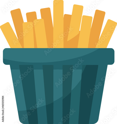 Crispy golden french fries served in a teal blue paper container against a clean white background