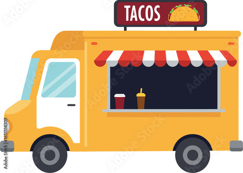 Bright yellow taco truck with red and white striped awning and illuminated tacos sign parked on a white background