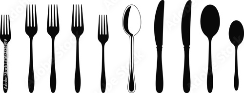 Cutlery silhouettes, forks, spoons, knives, kitchen utensils, dining tools, vector illustration, black icons, tableware, eating utensils, flatware, culinary tools, utensil set