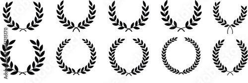 Laurel wreath vector collection, black silhouette design, victory symbol, achievement icon, honor award, classic decorative element, timeless elegance, royalty