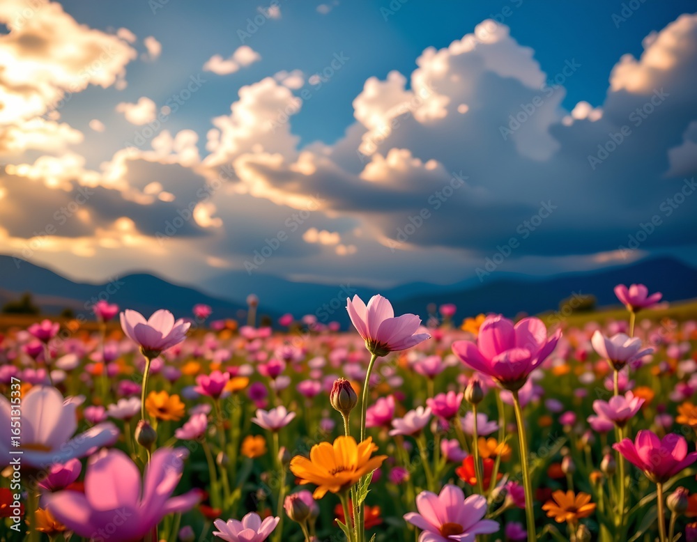 Fototapeta premium This image captures a serene scene of a meadow in full bloom under a cloudy sky