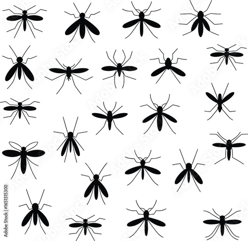 Mosquito silhouettes, insect vector, black icons, entomology design, pest control graphic, flying insects, mosquito poses, wing detail, leg variation, grid layout