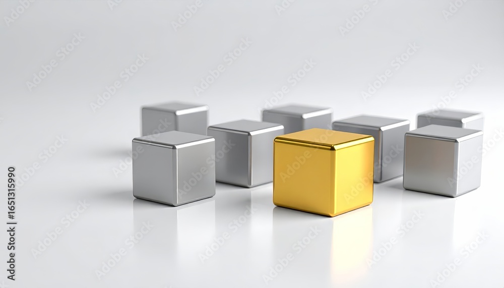 Obraz premium Shiny Gold Cube Surrounded by Silver Blocks Illustrating Quality Over Quantity