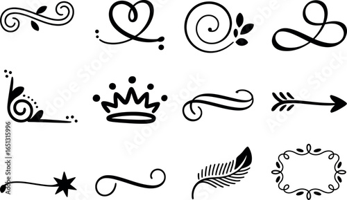 Hand-drawn elegant flourish design elements: swirls, arrows, crown, frame.