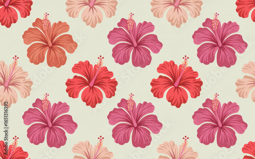 floral_pattern, repeating_hibiscus_flowers, vibrant_red_and_pink_petals, delicate_botanical_illustration, seamless_tropical_background, textured_vintage_paper_effect, elegant_nature_design
