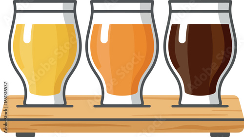Three different types of beer presented in tasting glasses on a wooden flight tray for a beer tasting experience