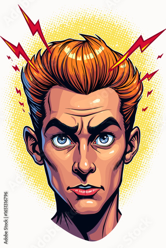 Man's head with lightning bolts symbolizing a headache in a dynamic illustration