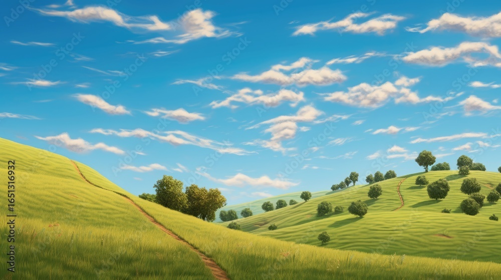 Fototapeta premium Sunny landscape with rolling green hills.