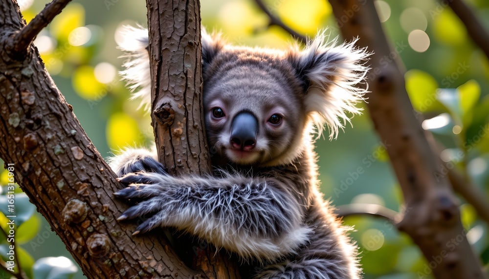Fototapeta premium A koala is perched in a tree, holding onto its branch while peering out with an alert expression