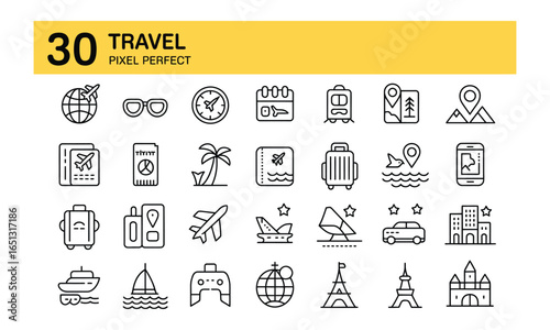 Set of 30 black line travel icons including airplane, suitcase, passport, compass, globe, hotel, beach, and vacation symbols