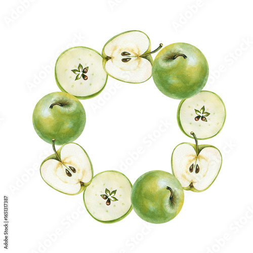 Watercolor round frame made of green Granny Smith apples. Hand painted illustration isolated on white background. Template with autumn fruits for packaging, menu, invitation.